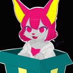  anthro box canid canine clothed clothing container female fox fur gift_box grey_body grey_clothing grey_fur grey_sweater grey_topwear gure_(thekitsuyt) hair hi_res mammal open_mouth pink_clothing pink_eyes pink_hair pink_nose pink_shirt pink_topwear shirt signature sitting sitting_in_box smile solo sweater thekitsuyt topwear yellow_ear_fluff 