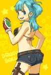  belt bikini_top blue_eyes blue_hair blush bulma denim denim_shorts dragon_ball dragon_ball_(classic) gloves hair_bobbles hair_ornament long_hair looking_back one_side_up short_shorts shorts solo thigh_strap yukke 