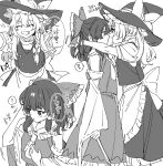 2girls apron ascot blush bow braid closed_eyes commentary_request detached_sleeves frilled_bow frilled_hair_tubes frills greyscale grin hair_bow hair_tubes hakurei_reimu hat hat_bow highres kirisame_marisa long_hair mero_(starfish_jcs) monochrome multiple_girls open_mouth ribbon-trimmed_sleeves ribbon_trim short_sleeves side_braid single_braid smile speech_bubble touhou translation_request waist_apron witch_hat 