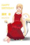  1girl 22/7 barefoot blonde_hair bxtbsy7q76gxh73 character_name dated dress fujima_sakura hair_ornament happy_birthday highres jewelry long_hair looking_at_viewer necklace open_mouth purple_eyes red_dress sitting smile solo throne white_background 