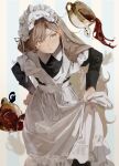  1girl annoyed apron blue_eyes brown_hair cat closed_mouth cowboy_shot cup hair_between_eyes hand_on_own_hip highres long_hair looking_to_the_side maid maid_apron moaomao_mo original shadow simple_background solo standing tea teacup v-shaped_eyebrows 