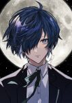  1boy a_d_chi black_jacket black_ribbon blue_eyes blue_hair closed_mouth collared_shirt dark_blue_hair full_moon hair_over_one_eye highres jacket light_particles looking_at_viewer male_focus moon neck_ribbon night night_sky open_clothes open_jacket outdoors persona persona_3 ribbon shirt signature sky solo upper_body white_shirt yuuki_makoto_(persona_3) 