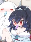  1girl bare_shoulders black_hair blue_hair blush breasts cleavage cuffs food fur_trim goku_fubukihime high_ponytail japanese_clothes kimono large_breasts long_hair multicolored_hair off_shoulder pale_skin popsicle red_eyes shackles snowman solo sweat tabana traditional_youkai twitter_username two-tone_hair youkai_(youkai_watch) youkai_watch youkai_watch:_punipuni yuki_onna 