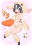  2girls animal_costume animal_ears animal_hood black_hair blue_eyes blush bra_strap breasts carrot-shaped_pillow carrot_necklace fake_animal_ears highres hood hood_up jewelry kaban_(kemono_friends) kemono_friends lucky_beast_(kemono_friends) multiple_girls necklace open_mouth rabbit_costume rabbit_ears rabbit_hood ransusan serval_(kemono_friends) short_hair small_breasts smile tail thong 