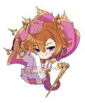  1girl animal_ears brown_hair cane chibi crown ear_piercing falling full_body gold_footwear hair_between_eyes highres holding holding_cane horse_ears horse_girl jewelry looking_at_viewer mini_crown mochiyukimi21 multiple_rings orange_hair piercing purple_eyes ring short_hair simple_background smile solo t.m._opera_o_(umamusume) tail thighhighs thumb_ring umamusume white_background 