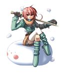  artist_request boots copyright_request green_footwear red_eyes red_hair short_hair sitting solo sword thighhighs weapon 