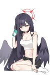  1girl bagjeomlye88315 black_hair black_shorts black_wings blue_archive breasts camisole can cleavage closed_mouth dolphin_shorts feathered_wings full_body grey_eyes hair_ornament hairclip halo highres holding holding_can ichika_(blue_archive) large_breasts long_hair looking_at_viewer navel red_halo shorts simple_background smile socks solo white_background white_camisole white_socks wings 