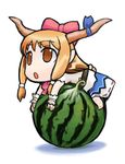  chibi food fruit ibuki_suika long_hair low-tied_long_hair object_namesake solo touhou watermelon 