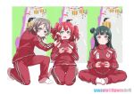  3girls blue_eyes blunt_bangs blush butterfly_sitting closed_mouth controller furrowed_brow game_controller green_eyes green_hair grey_hair hair_between_eyes hair_bun highres holding holding_controller holding_game_controller jacket kneeling kurosawa_ruby long_hair looking_at_another looking_at_viewer love_live! love_live!_sunshine!! multiple_girls open_mouth pants pink_eyes puckered_lips red_hair red_pants seiza short_hair sidelocks single_side_bun sitting socks track_jacket track_pants tsushima_yoshiko two_side_up v-shaped_eyebrows watanabe_you white_socks yousolo yyy_(love_live!) 