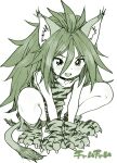  1girl animal_ear_fluff animal_ears animal_hands animal_print bad_id bad_twitter_id big_hair blush cat_ears cat_tail cham_cham character_name claws dress fang gloves green_theme hair_between_eyes hands_on_ground inactive_account long_hair messy_hair monochrome open_mouth paw_gloves paw_shoes ponsuke_(pon00000) print_dress samurai_spirits sketch sleeveless sleeveless_dress solo squatting tail tiger_print 