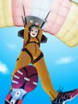  artist_request bad_id bad_pixiv_id black_hair blurry character_request cloud copyright_request day depth_of_field foreshortening from_below goggles highres jumpsuit looking_down parachute sky solo 