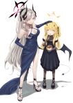  2girls beruu black_dress black_footwear black_gloves black_horns black_pantyhose black_tail black_wings blonde_hair blue_archive blue_dress blue_gloves blush breasts cleavage collarbone demon_horns demon_tail demon_wings dress elbow_gloves food gloves grey_eyes grey_hair grin halo halter_dress halterneck highres holding holding_spoon horns ibuki_(blue_archive) ibuki_(dress)_(blue_archive) large_breasts long_hair makoto_(blue_archive) makoto_(dress)_(blue_archive) multiple_girls multiple_horns official_alternate_costume pantyhose pointy_ears pudding red_halo sandals shoes simple_background smile spoon tail white_background wings yellow_eyes yellow_halo 