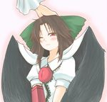  black_hair blush hair_ribbon hane_(hanegoya) out_of_frame petting red_eyes reiuji_utsuho ribbon solo_focus touhou wings 