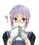  bad_id bad_pixiv_id book brown_eyes glasses kita_high_school_uniform lavender_hair mouth_hold nagato_yuki purple_hair sasamori_tomoe school_uniform short_hair solo suzumiya_haruhi_no_yuuutsu 