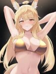  1girl absurdres animal_ear_fluff animal_ears arknights armpits arms_behind_head arms_up bikini black_bow blemishine_(arknights) blonde_hair bow breasts breasts_apart closed_mouth collarbone commentary_request dark_background dr.lamina hair_bow half-closed_eyes highres large_breasts light_particles linea_alba long_hair looking_at_viewer navel presenting_armpit sidelocks solo swimsuit tail upper_body yellow_bikini yellow_eyes yellow_tail 