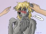  anthro blonde_hair breasts canid canine canis chara_(links) chest_tuft collar colored coyote farfener female fur grey_body grey_fur hair hi_res links mammal pet_(disambiguation) petting predators red_eyes rune shiyan text the-farfener the_auroran_archives the_farfener theauroranarchive tuft wolf 