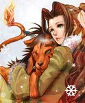  aerith_gainsborough animal brown_hair cat coat couple earrings female final_fantasy final_fantasy_vii fire green_eyes henyo jewelry long_hair lowres lying ponytail red_xiii scar snow snowflake snowflakes tail yellow_eyes 
