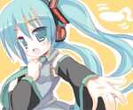  aqua_eyes aqua_hair bangs blush detached_sleeves dress_shirt full_body hatsune_miku headphones long_hair long_sleeves meito_(maze) necktie open_mouth outstretched_arm shirt simple_background solo twintails vocaloid 