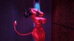  3d_(artwork) anthro barbie_(helluva_boss) bathing big_breasts big_butt birthmark breasts butt claws demon detailed_background digital_media_(artwork) eyes_closed female genitals helluva_boss hi_res horn imp markings nipples nude open_mouth open_smile pussy red_body shower showering smile solo sonicthebitch tail thick_thighs water 