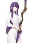  1girl 95--- :t blunt_bangs breasts cowboy_shot dress fern_(sousou_no_frieren) highres holding holding_staff large_breasts long_hair long_sleeves pout purple_eyes purple_hair sidelocks simple_background solo sousou_no_frieren staff straight_hair very_long_hair white_background white_dress 