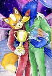  anthro avian award bird blue_body bouquet canid canine canis duo eye_contact falco_lombardi fox fox_mccloud hand_on_shoulder hi_res looking_at_another male male/male mammal nintendo one_eye_closed orange_body racing_suit space star_fox trophy ulala_ko wink 