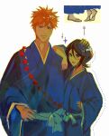  1boy 1girl arm_on_another&#039;s_shoulder belt black_hair black_kimono bleach blue_eyes blush breasts brown_eyes dotted_line feet_out_of_frame floppydisk7000 hand_on_another&#039;s_head hand_on_own_hip height_difference highres japanese_clothes kimono kuchiki_rukia kurosaki_ichigo medium_breasts open_mouth orange_hair pink_lips shihakusho short_hair simple_background smile spiked_hair teeth tiptoes white_background white_belt 