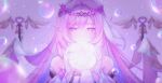  1girl armpit_crease bare_shoulders bell bridal_veil bubble commentary diamond-shaped_pupils diamond_(shape) ears_visible_through_hair elysia_(herrscher_of_human:ego)_(honkai_impact) elysia_(honkai_impact) english_commentary eun_(eunice) floating floating_object gloves glowing hair_between_eyes hair_intakes hair_ornament half-closed_eyes head_wreath holding_orb honkai_(series) honkai_impact_3rd long_hair looking_at_object pink_eyes pink_hair pink_pupils pink_theme pointy_ears sidelocks smile solo symbol-shaped_pupils twitter_username upper_body veil very_long_hair white_gloves 