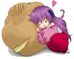  1girl cream_puff demon_horns food hanyuu heart_cheeks higurashi_no_naku_koro_ni horns japanese_clothes lowres miko neen purple_hair sleeping white_background 