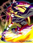  ame_erika arm_belt banned_artist bardiche belt belt_buckle black_cape black_gloves black_legwear black_ribbon blonde_hair buckle cape fate_testarossa fire from_side gloves hair_ribbon holding holding_staff long_hair looking_at_viewer looking_to_the_side lyrical_nanoha magic_circle mahou_shoujo_lyrical_nanoha open_mouth pink_eyes pink_skirt profile ribbon skirt solo staff thighhighs twintails 