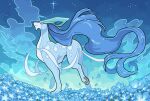  blue_flower blue_fur blue_hair body_fur flower flower_bed forehead_jewel full_body highres long_hair looking_up ohayou_milk pokemon pokemon_(creature) red_eyes suicune 