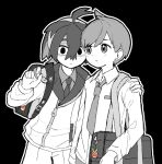  2boys applin backpack bag bag_charm blush charm_(object) closed_mouth collared_shirt crime_prevention_buzzer crime_prevention_buzzer_threat crossed_bangs florian_(pokemon) greyscale hairband jacket kieran_(pokemon) long_sleeves looking_at_viewer male_focus monochrome multiple_boys osatsuwaoisiiyo outline parted_lips pokemon pokemon_sv shaded_face shirt simple_background spot_color 