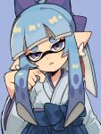  1girl absurdres blue_hair blue_hakama blue_kimono blunt_bangs bow clenched_teeth commentary_request earrings finger_to_cheek flower_earrings hair_bow hakama hakama_skirt hand_up head_tilt high-waist_skirt highres hime_cut ikachan_pochan inkling inkling_girl inkling_player_character japanese_clothes jewelry kimono long_hair long_sleeves looking_at_viewer mole mole_under_eye pointy_ears purple_background purple_bow purple_eyes short_eyebrows skirt solo splatoon_(series) tassel tassel_earrings teeth tentacle_hair thick_eyebrows upper_body wide_sleeves 
