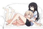  2girls bare_legs barefoot black_hair black_shorts blonde_hair blue_shirt blush closed_mouth couch cuddling cushion full_body highres inoue_takina jenjen long_hair looking_at_viewer lycoris_recoil lying medium_hair multiple_girls nishikigi_chisato on_couch on_stomach partially_colored pink_shirt pink_shorts purple_eyes red_eyes shirt short_sleeves shorts simple_background sitting white_background yuri 