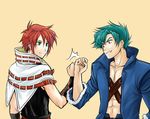  abs aqua_hair brothers fernando_albark fist_bump folka_albark highres male_focus multiple_boys red_hair riyan siblings super_robot_wars super_robot_wars_original_generation 