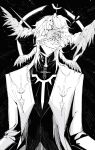  1boy black_background closed_mouth covering_own_eyes duimimi eye_symbol facing_viewer feathered_wings greyscale hair_between_eyes halo halo_behind_head head_tilt head_wings highres honkai:_star_rail honkai_(series) jacket long_sleeves male_focus medium_hair monochrome multiple_wings smile solo spiked_halo straight-on sunday_(honkai:_star_rail) turtleneck upper_body vest wings 