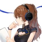  1girl beatrix_(granblue_fantasy) bracelet breasts brown_hair cleavage cleavage_cutout clothing_cutout facing_to_the_side granblue_fantasy green_eyes hand_to_own_mouth headphones holding holding_paper jewelry long_hair looking_ahead medium_breasts motoaki paper ponytail simple_background solo wavy_hair white_background 