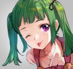  1girl fire_emblem fire_emblem_fates green_hair japanese_clothes jurge midori_(fire_emblem) one_eye_closed portrait purple_eyes short_twintails solo tongue tongue_out twintails 