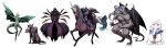  1girl 4boys absurdres akaimato beard cerberus claw_(weapon) claws cloak colored_skin commentary_request demon demons_roots facial_hair full_body green_skin highres hood hooded_cloak horns horse horseback_riding knight multiple_boys polearm riding squid tachi-e transparent_background weapon wings 