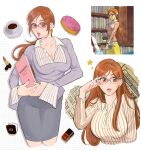  1girl absurdres bleach book breasts brown_eyes brown_hair brown_nails cleavage collared_shirt english_commentary glasses grey_pants hair_behind_ear highres holding holding_book inoue_orihime large_breasts leaning_forward low_ponytail luvlyroseve office_lady official_alternate_costume official_art_inset open_mouth orange_hair pants pinstripe_pattern pinstripe_shirt purple_shirt reference_inset shirt surprised yellow_shirt yves_saint_laurent 