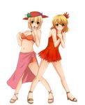  aki_minoriko aki_shizuha bad_id bad_pixiv_id bikini blonde_hair breasts cleavage eating food fruit hair_ornament hat large_breasts leaf leaf_hair_ornament leaf_on_head multiple_girls navel orange_eyes sandals short_hair siblings sisters swimsuit touhou yellow_eyes yuuki_(ashitahare) 