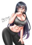  1girl abs absurdres alternate_costume black_hair black_pants breasts cleavage dated grey_sports_bra hair_between_eyes highres kantai_collection katou_shinobu large_breasts long_hair midriff nagato_(kancolle) one-hour_drawing_challenge pants red_eyes simple_background solo sports_bra twitter_username white_background yoga_pants 