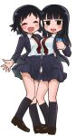  2girls :d bernard-jou_iwaku. black_hair black_socks blunt_bangs blush breasts eisu_(eith) highres kanbayashi_shiori loafers long_hair machida_sawako medium_breasts multiple_girls necktie pleated_skirt school_uniform shoes short_hair simple_background skirt small_breasts smile socks white_background 