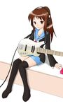  bass_guitar brown_hair cardigan genderswap guitar headphones instrument kita_high_school_uniform kyon kyonko ponytail school_uniform solo suzumiya_haruhi_no_yuuutsu thighhighs tissue_box tissue_princess zettai_ryouiki 