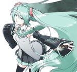  ak2 detached_sleeves green_hair green_nails hatsune_miku long_hair long_sleeves nail_polish necktie solo thighhighs twintails vocaloid zettai_ryouiki 