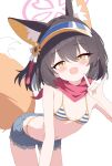  1girl absurdres animal_ear_fluff animal_ears bikini black_hair blue_archive blue_shorts blush breasts cowboy_shot extra_ears fang fox_ears fox_shadow_puppet fox_tail hair_between_eyes halo highres izuna_(blue_archive) izuna_(swimsuit)_(blue_archive) looking_at_viewer navel official_alternate_costume open_mouth pink_halo red_scarf scarf short_hair short_shorts shorts simple_background skin_fang small_breasts smile solo striped_bikini striped_clothes swimsuit tail white_background yellow_eyes yukisiannn 