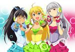  ahoge breasts choker cleavage fingerless_gloves ganaha_hibiki gloves headphones headphones_around_neck hoshii_miki idolmaster idolmaster_(classic) idolmaster_sp long_hair medium_breasts multiple_girls nishi_(count2.4) one_eye_closed ponytail pop_sound_blossom project_fairy shijou_takane smile v 