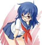  artist_request bent_over blue_hair blush copyright_request covering covering_crotch glasses looking_back non-web_source red_eyes school_uniform serafuku skirt skirt_tug solo 