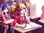  blue_hair brown_hair classroom desk eyelashes fresh_precure! green_eyes heart momozono_love multiple_girls pink_scrunchie precure public_yotsuba_middle_school_uniform red_eyes school_desk school_uniform scrunchie twintails yumi_(fresh_precure!) 