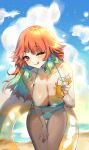  1girl amattoart aqua_bikini ass_visible_through_thighs beach bikini blurry blurry_background blush breasts choker cleavage closed_mouth cloud cloudy_sky collarbone colored_inner_hair downblouse drink earrings feather_earrings feathers green_bikini green_hair hand_on_own_thigh hanging_breasts highres holding holding_drink hololive hololive_english innertube jewelry large_breasts leaning_forward licking_lips long_hair looking_at_viewer multicolored_hair ocean one_eye_closed orange_hair purple_eyes shiny_skin sky solo swim_ring swimsuit takanashi_kiara thigh_gap tongue tongue_out virtual_youtuber watermark 