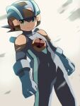  1boy 3suisousui absurdres blue_bodysuit blue_helmet blurry blurry_foreground bodysuit clenched_hands cowboy_shot green_eyes helmet highres male_focus mega_man_(series) mega_man_battle_network_(series) megaman.exe netnavi solo 